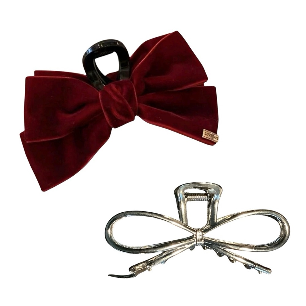 Set of Two Bow hair clips (large): Red Velvet and Silver Metal.